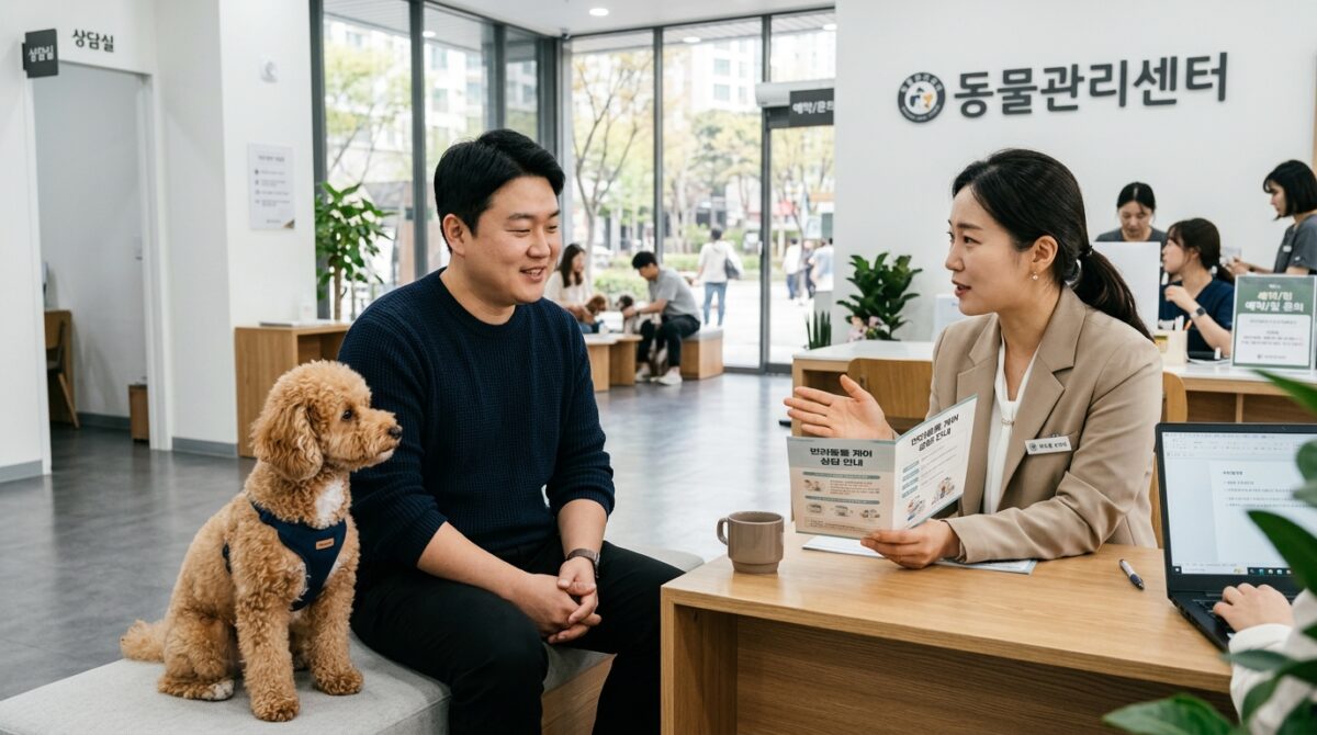 강아지파양비용 상담을 받는 보호자와 푸들 믹스