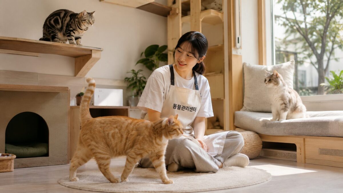 고양이파양 동물관리센터 철장 없는 자유로운 실내 환경 고양이 생활