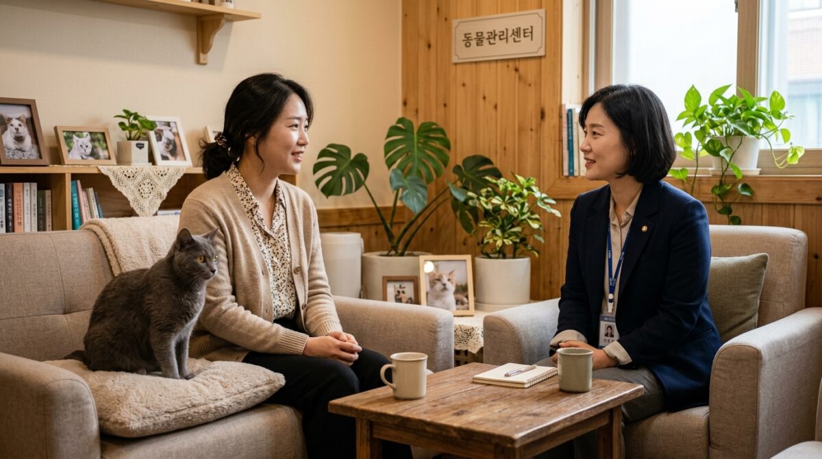 고양이파양을 고민하는 보호자가 상담을 받는 모습