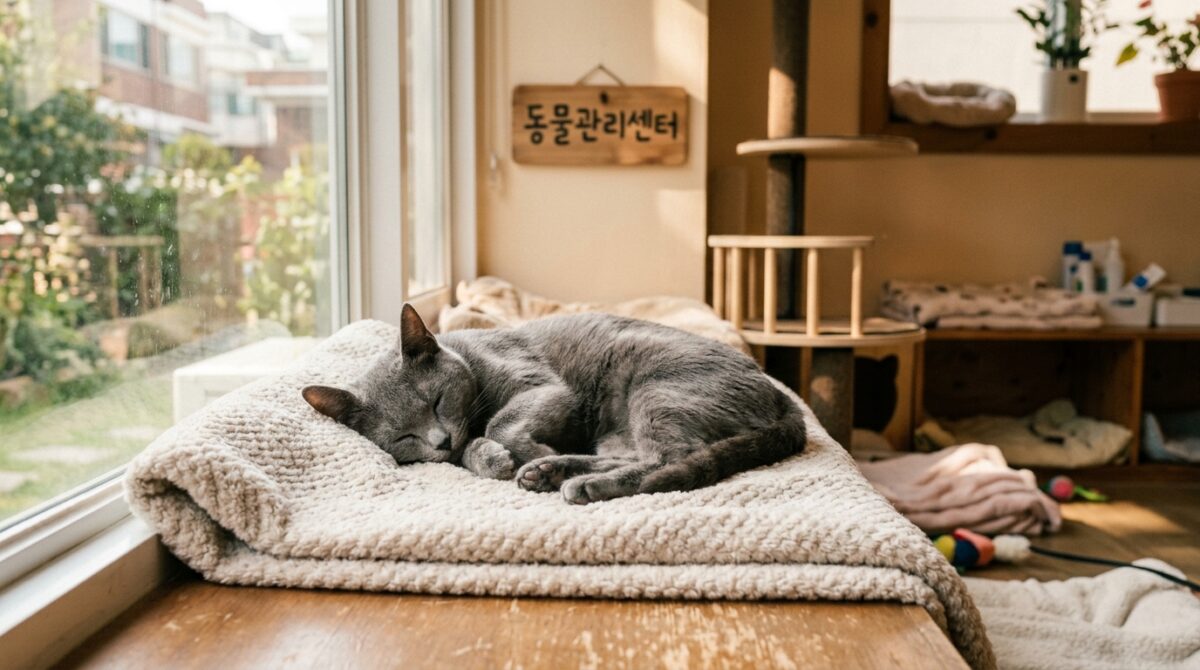 고양이파양 상담 후 안정된 환경에서 쉬고 있는 고양이