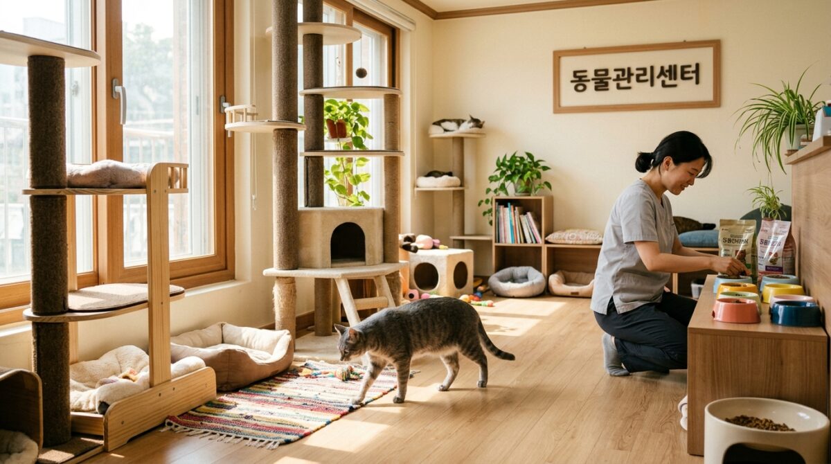 고양이파양 후 고양이가 지내는 철장 없는 실내 환경