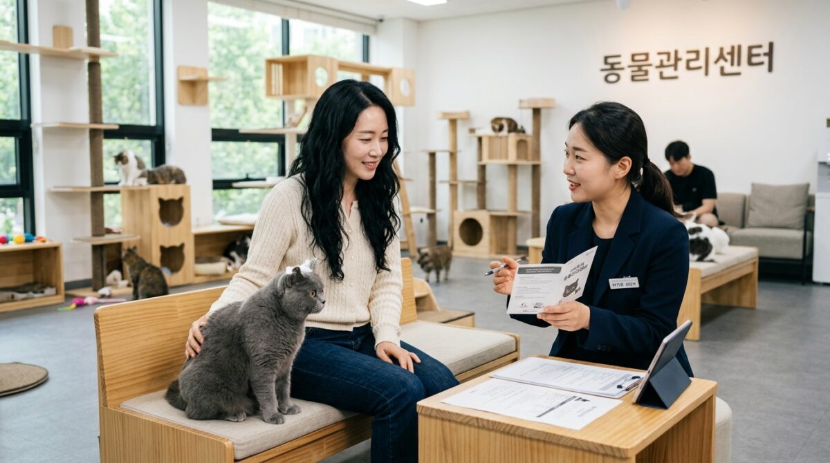 고양이파양비용 상담을 받는 보호자와 브리티시숏헤어