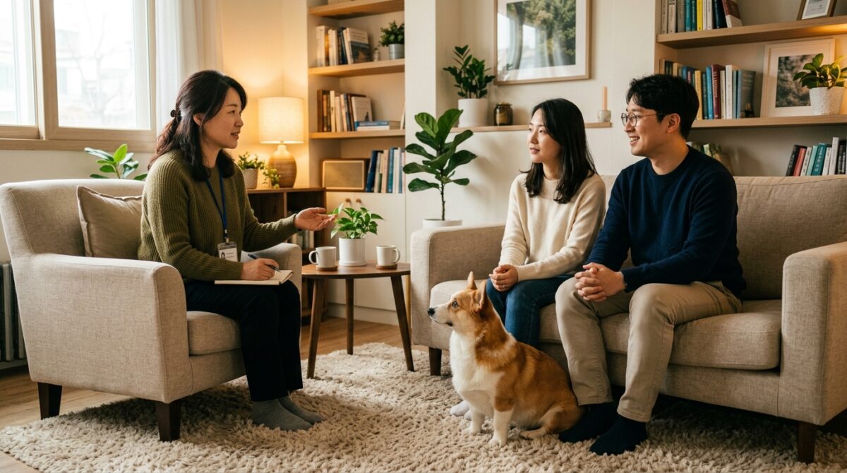 송도강아지파양 상담 과정에서 웰시코기의 성격을 확인하는 모습