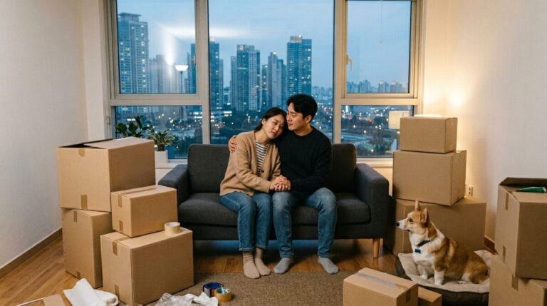 송도강아지파양 상담을 고민하는 부부와 웰시코기 보리