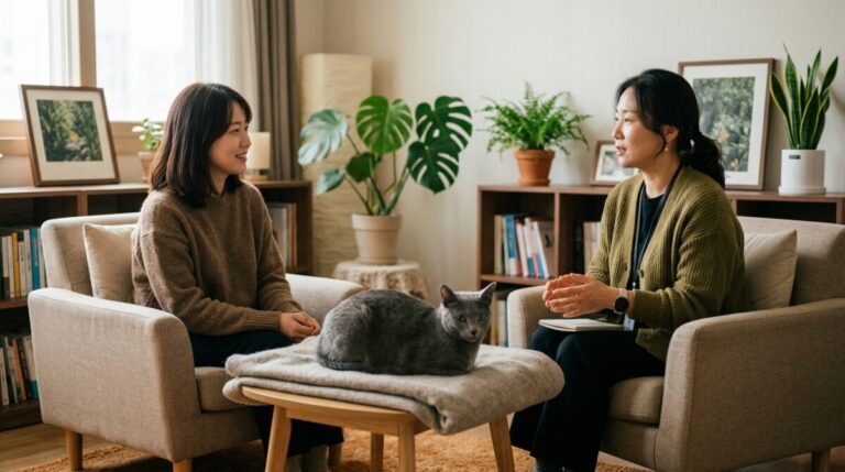 송도고양이파양 상담 과정에서 해외 발령 상황을 설명하는 모습