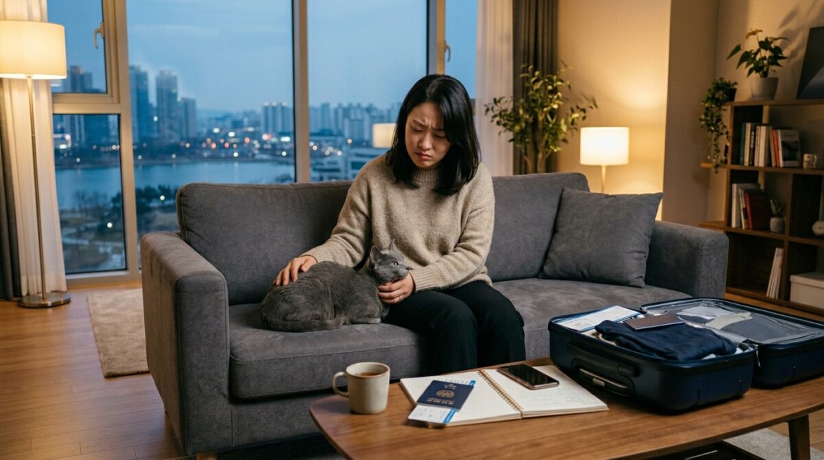 송도고양이파양 상담을 고민하는 직장인 여성과 러시안블루 루나
