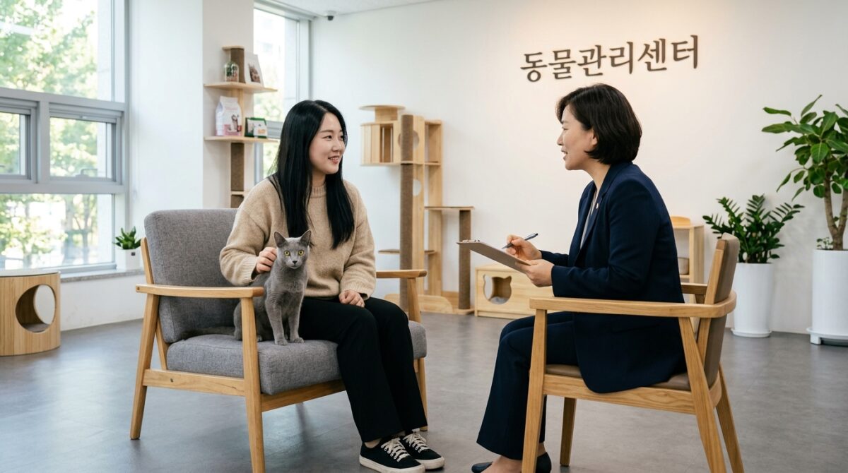 인천고양이파양 상담을 받는 보호자와 러시안블루