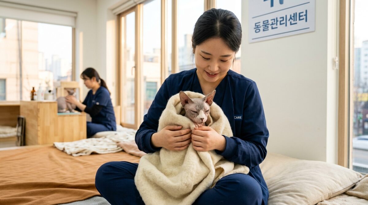 강남고양이파양 동물관리센터 선생님 고양이 일상 케어 장면