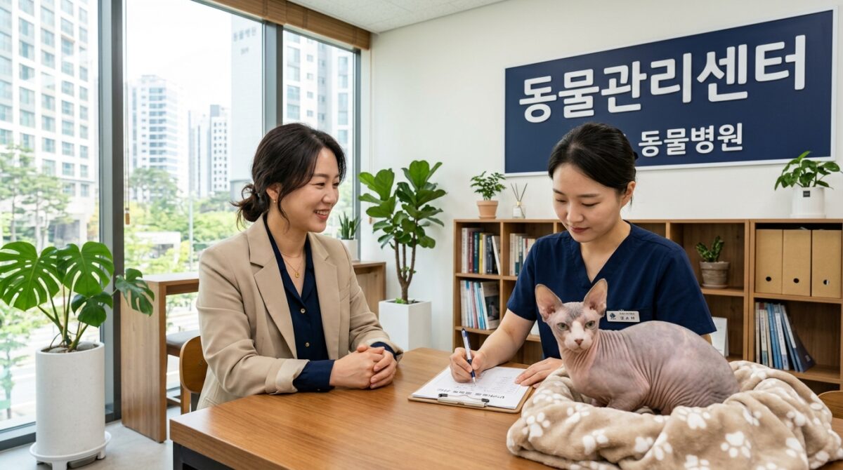 강남고양이파양 동물관리센터 스핑크스 라떼 입소 상담 장면