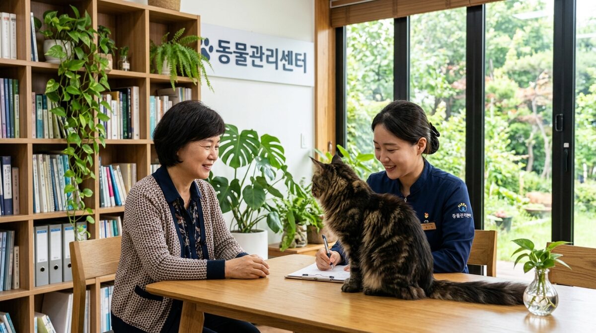 강화고양이파양 동물관리센터 메인쿤 솔방울 입소 상담 장면