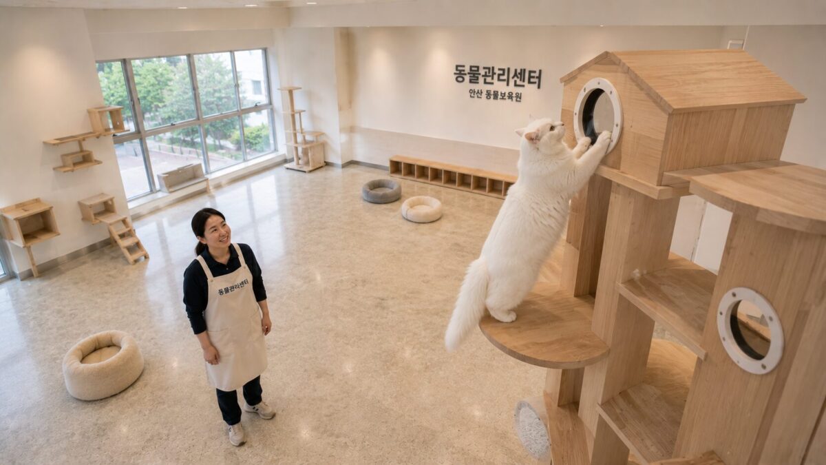 남동구고양이파양 동물관리센터 나무 캣타워 실내 환경